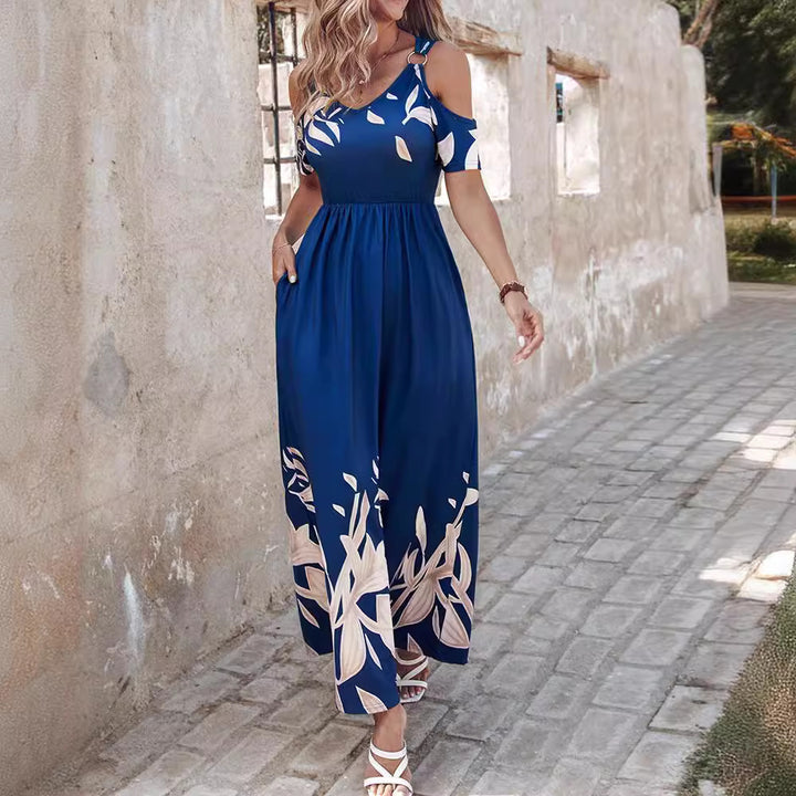 Fashion Shoulder-baring Printed Waist-controlled Long Dress-Lady Dresses-Zishirts