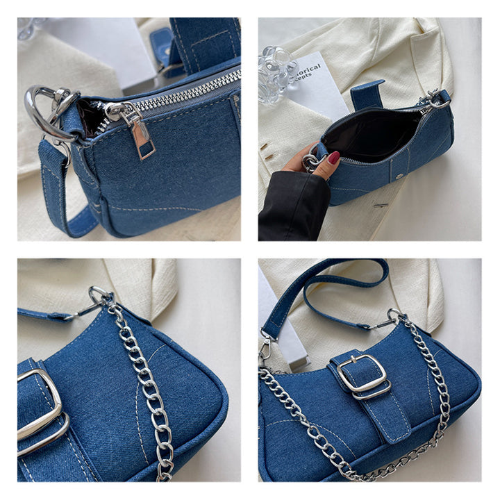 Denim Shoulder Bags Women's Fashion Chains Handbag Crossbody Bags Small Square Armpit Bag-Women's Bags-Zishirts