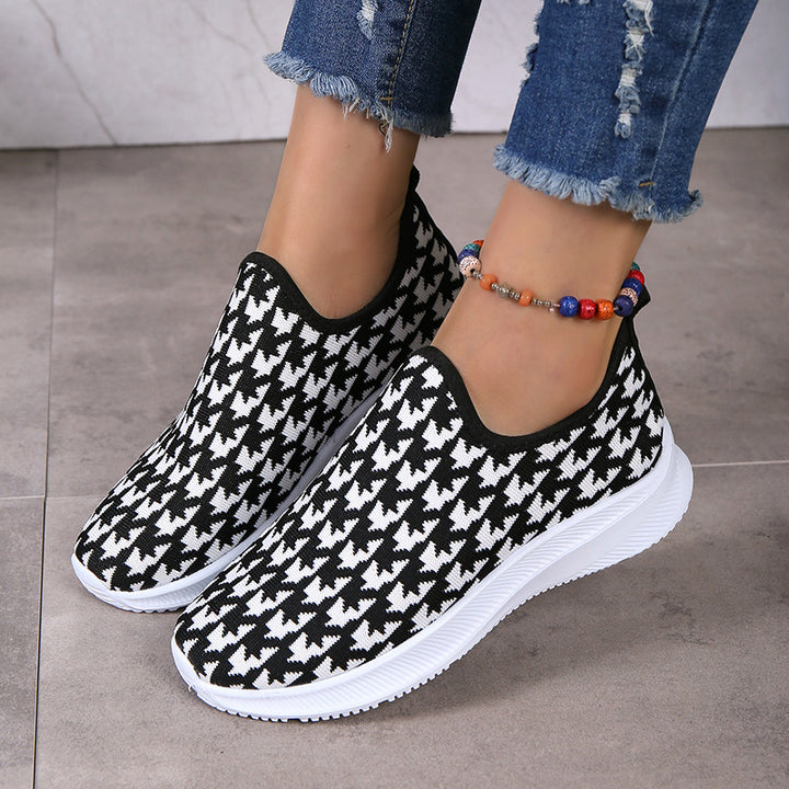 Houndstooth Print Sneakers Round Toe Mesh Flats Shoes-Womens Footwear-Zishirts