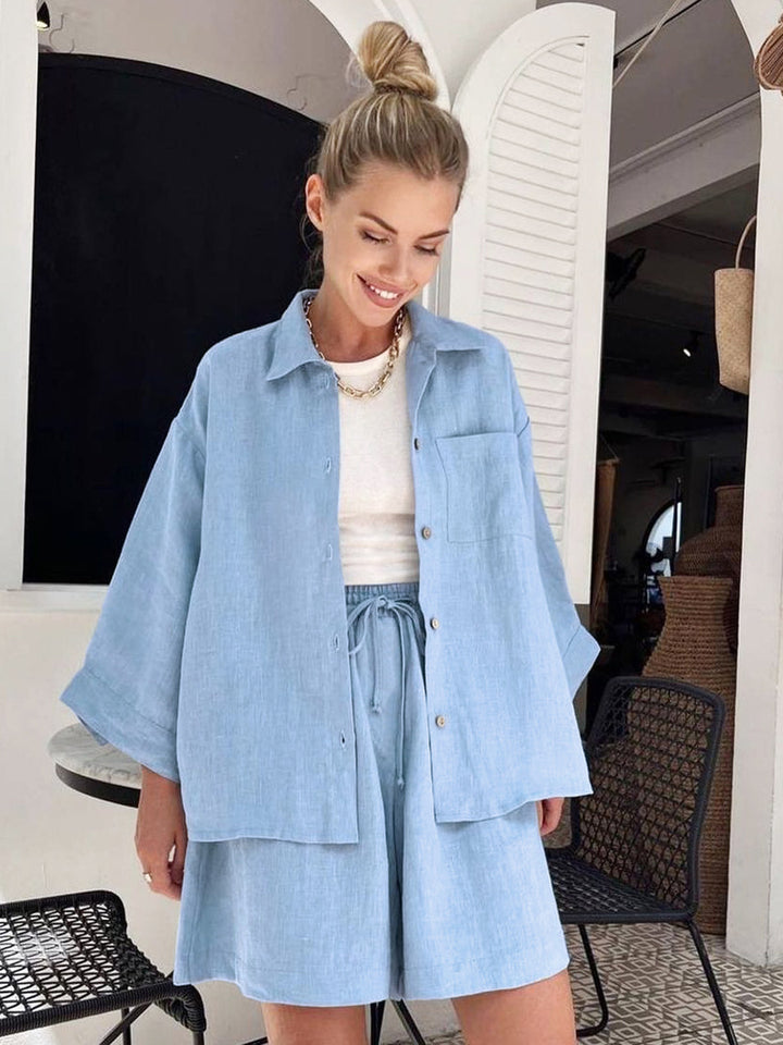 Women's Fashion Casual Loose-fitting Solid Color Long Sleeves Shorts Suit-Suits & Sets-Zishirts