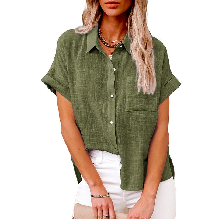 Women's Fashion Casual Cotton Linen Pocket Short-sleeved Shirt-Womens 2024 March-Zishirts