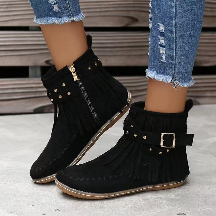 Retro Ankle Boots With Rivet Tassel Flat Shoes Women Winter Boots-Womens Footwear-Zishirts