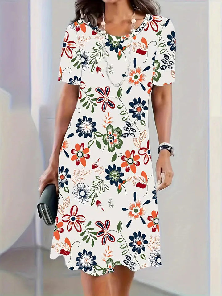 Elegance Retro Printing Digital 3D Printing Round Neck Short Sleeve A- Line Dress-Lady Dresses-Zishirts