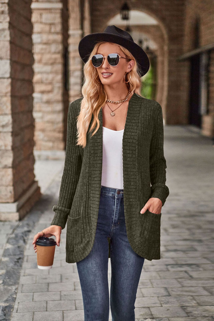 Solid Color Rib Fabric Sanding Casual Patchwork Long Sleeve Cardigan Jacket-Jackets-Zishirts