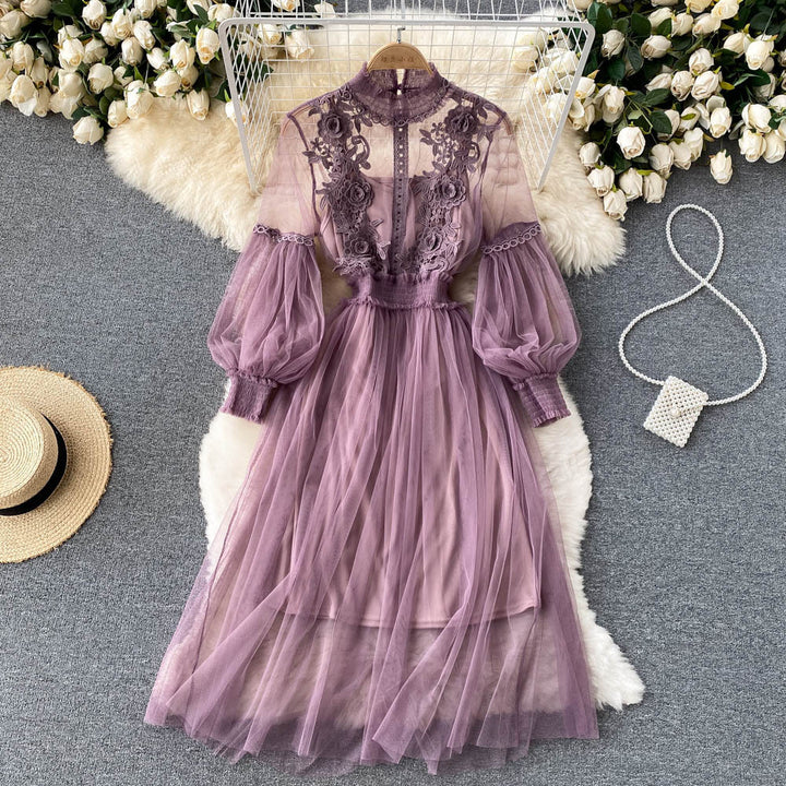 Mesh Graceful Stand Collar Lantern Sleeve High Waist Slimming Suspenders Dress-Lady Dresses-Zishirts