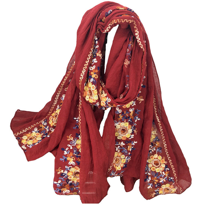 Embroidered Cotton And Linen Scarf Shawl-Scarves & Wraps-Zishirts