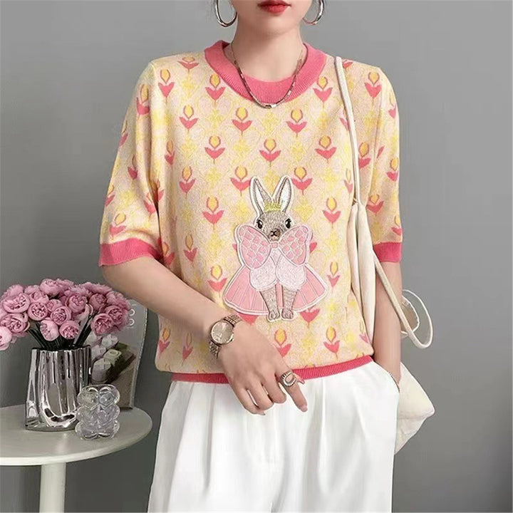 Ice Silk Embroidered Women's Cartoon Rabbit Age-reducing Soft And Adorable Short Sleeve-Sweaters-Zishirts