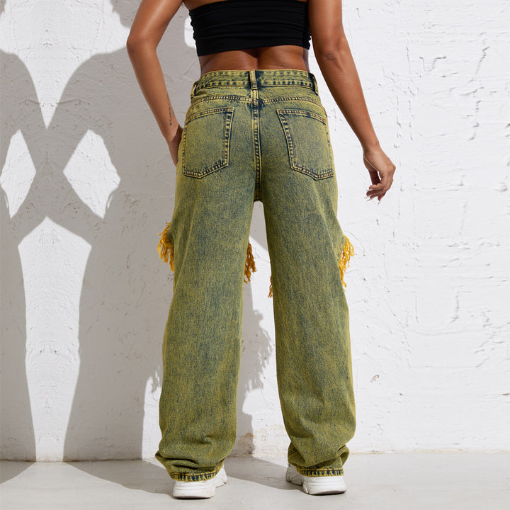 Shascullfites Melody Yellow Wash Streetwear Split Loose Straight Jeans Y2K Ripped Retro Women Denim Pants-Woman Jeans-Zishirts