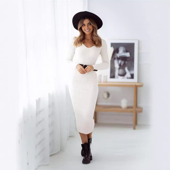 Women's Midi Dress Solid Color Knitted Dress-Lady Dresses-Zishirts