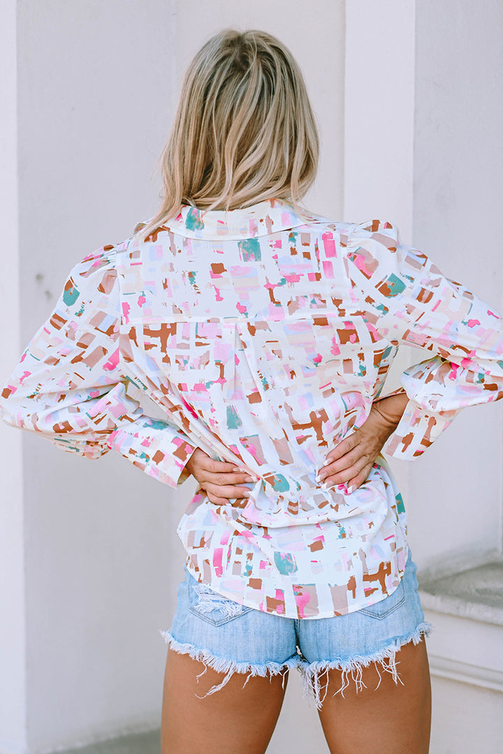 Color Stitching Turnover Neck Shirt Loose Abstract Printing-Womens 2024 March-Zishirts