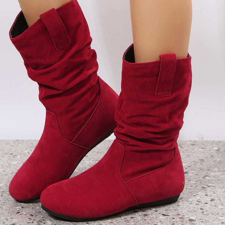 Round Toe Flat Boots Fashion Solid Color Suede Mid-calf Boot Winter Warm Shoes For Women-Womens Footwear-Zishirts