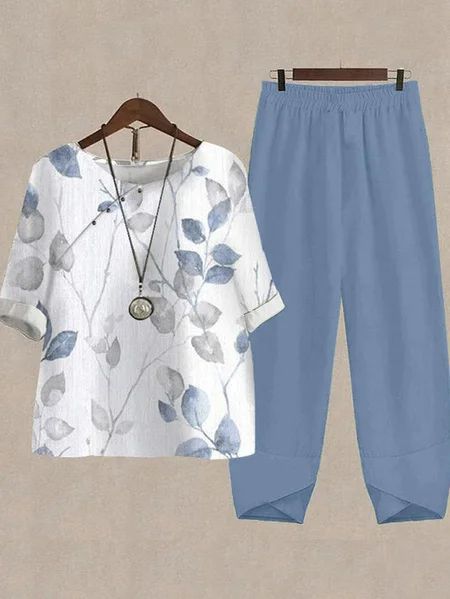 Casual Round Neck Half Sleeve Digital Printing Top Two-piece Set-Suits & Sets-Zishirts