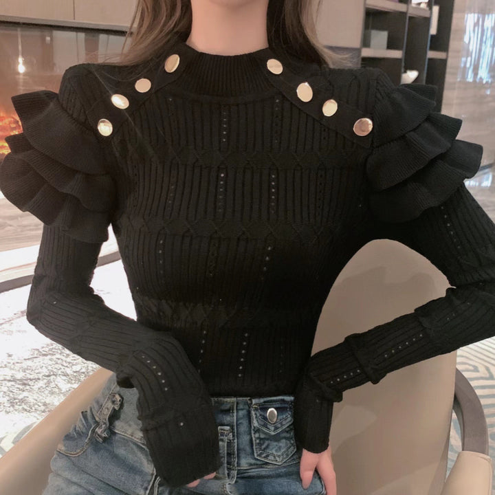 Design Sense Niche Laminated Lace Knitted Mock Neck Sweater-Sweaters-Zishirts