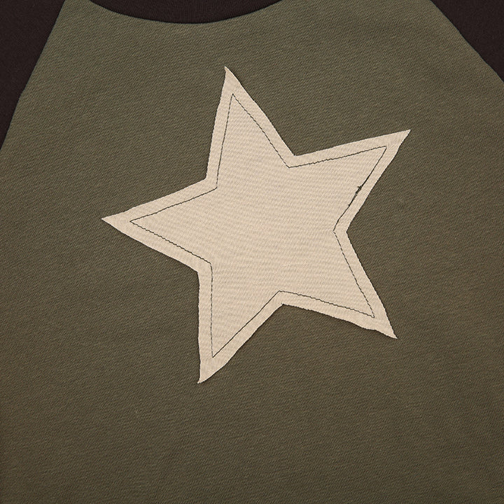 Contrast Color Five-pointed Star Affixed Cloth Embroidered Raglan Sleeve T-shirt-Blouses & Shirts-Zishirts