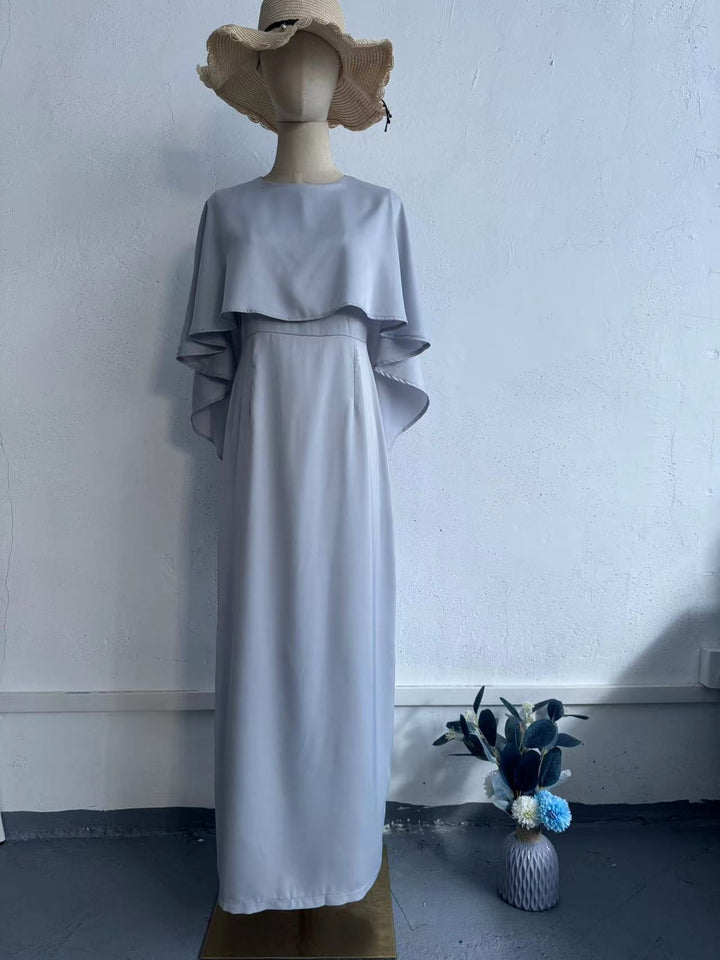 Light Blue Satin Bat Shawl Waist-controlled Long Sleeves Dress-Lady Dresses-Zishirts