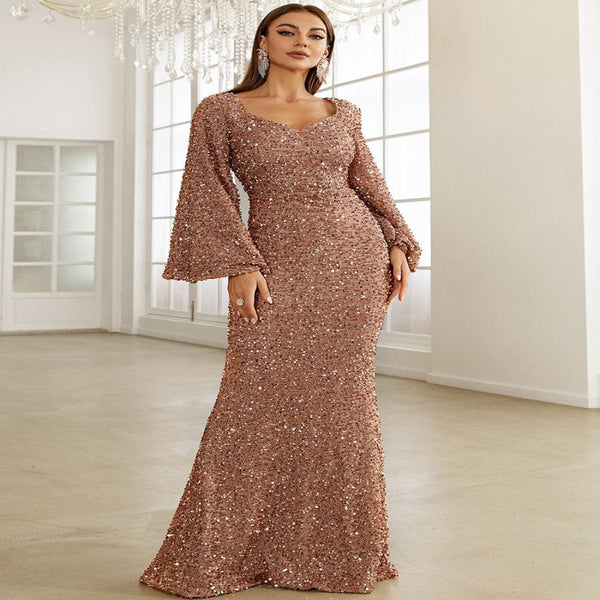 V-neck Hip Sequined Mid-waist Flared Sleeve Dress-Lady Dresses-Zishirts