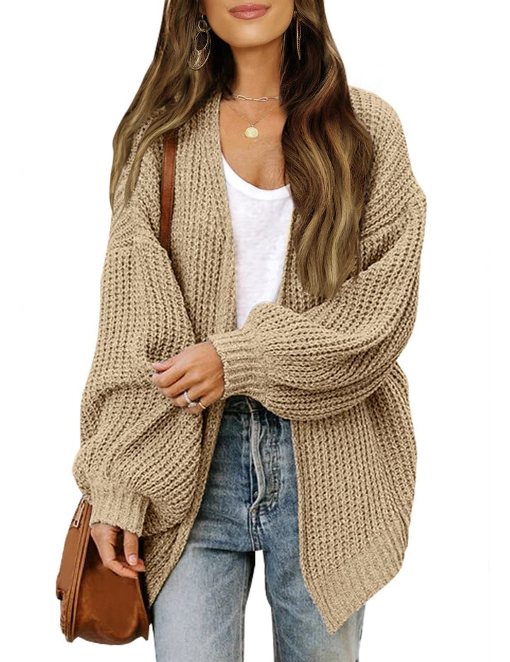 Fashion Lantern-sleeved Sweater With Pockets Casual Loose Solid Knit Cardigan Autumn Tops Womens Clothing-Jackets-Zishirts