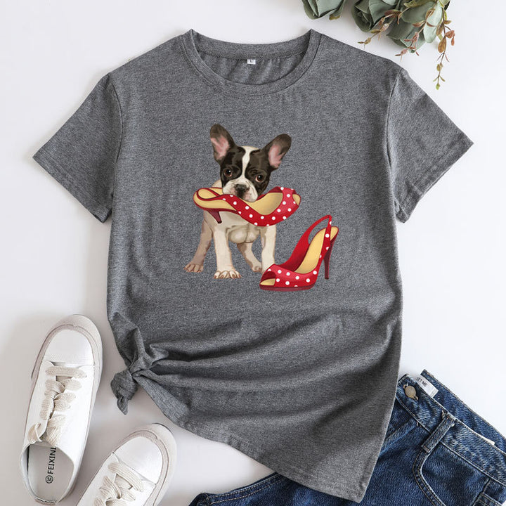 Loose And Cute Dog Print Pure Cotton Round Neck Short Sleeves-Blouses & Shirts-Zishirts