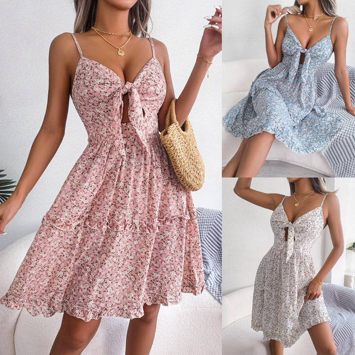 Spring And Summer Floral Bow V-neck Ruffled Large Swing Dress-Womens 2024 March-Zishirts