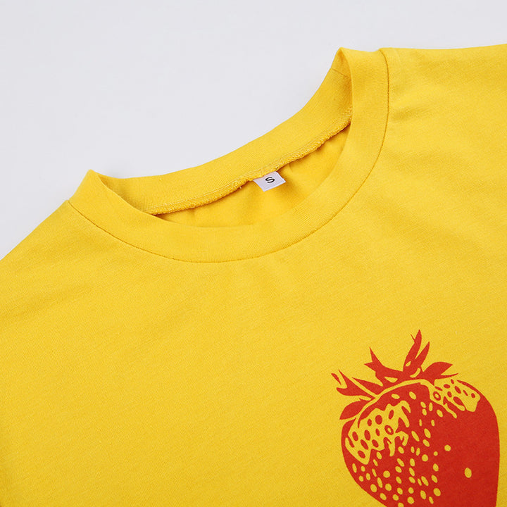 Bright Yellow Strawberry Letter Printing Midriff-baring Short Sleeve-Blouses & Shirts-Zishirts