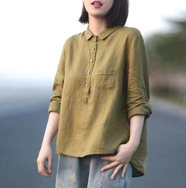 Women's Artistic Simple Solid Color Lapel Long Sleeve Shirt-Womens 2024 March-Zishirts