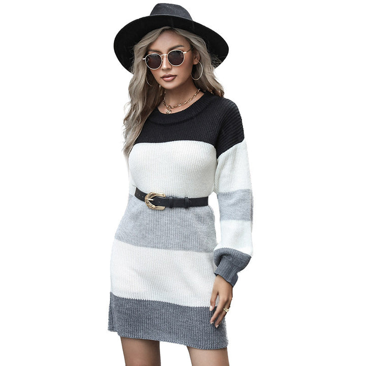 Casual Women's Clothing Loose Long Sleeve Color Matching Long Woolen Skirt-Sweaters-Zishirts