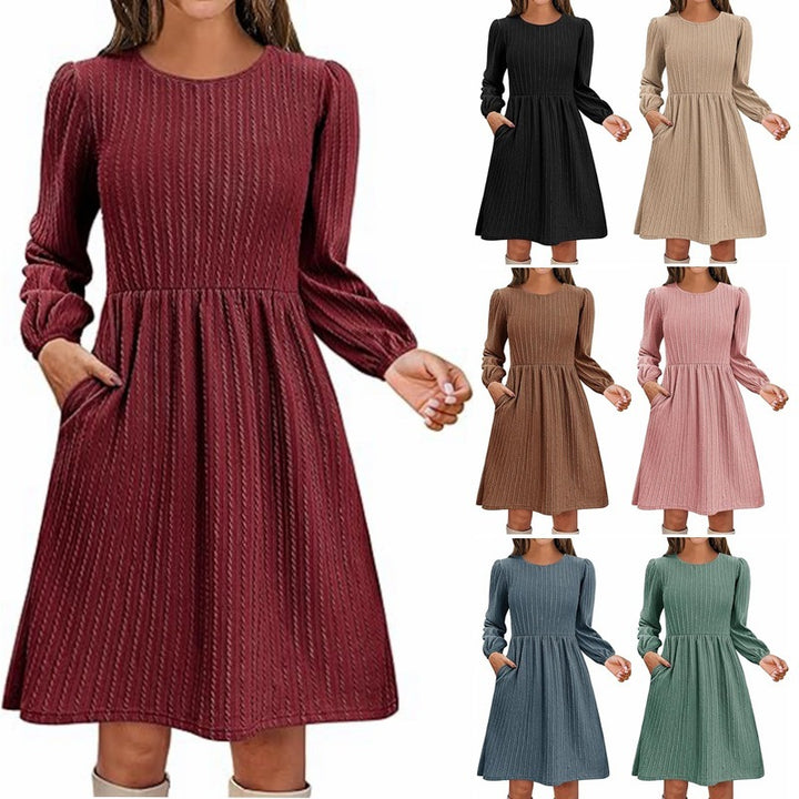 Round Neck Pocket Knitted Sweater Long Sleeve A- Line Dress-Lady Dresses-Zishirts