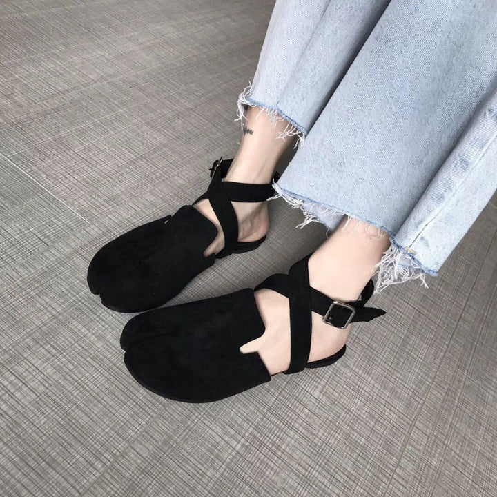 Spring Personalized Matte Leather Closed Toe Cross Strap Flat Split Toe Pumps-Womens Footwear-Zishirts