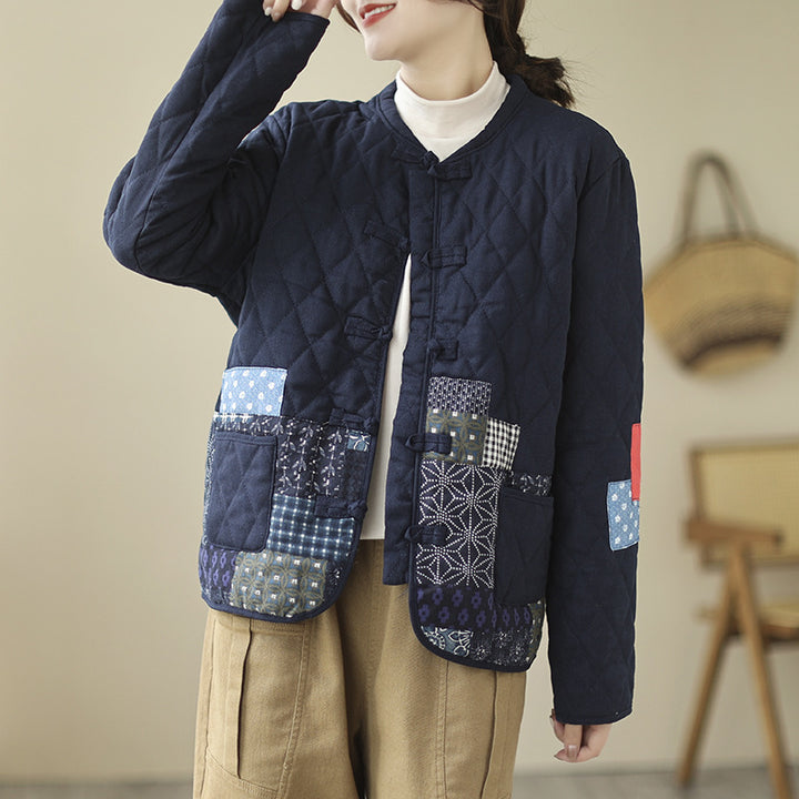 Vintage Patch Cardigan Loose Casual Buckle Rhombus Cotton-padded Jacket-Jackets-Zishirts