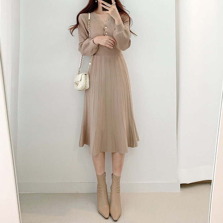 Waist-tight Slimming V-neckline Long Sleeve Mid-length Sweater Dress-Lady Dresses-Zishirts