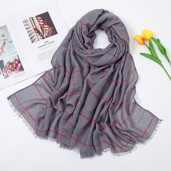 Checked Striped Cotton Linen Scarf-Scarves & Wraps-Zishirts