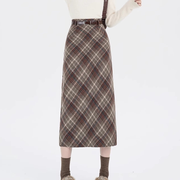 High Waist Mid-length Woolen Plaid Skirt For Women-Women's Outerwear 2023-Zishirts