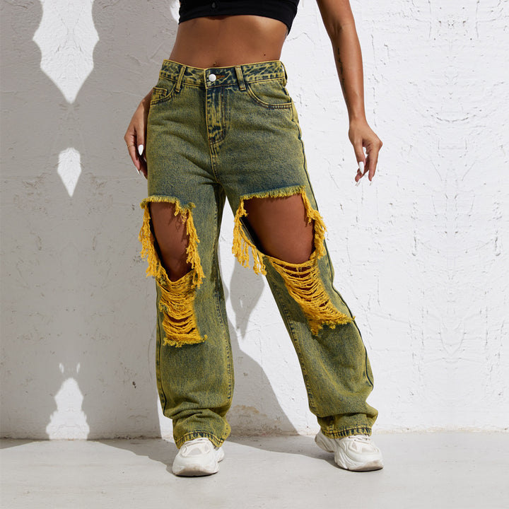 Shascullfites Melody Yellow Wash Streetwear Split Loose Straight Jeans Y2K Ripped Retro Women Denim Pants-Woman Jeans-Zishirts