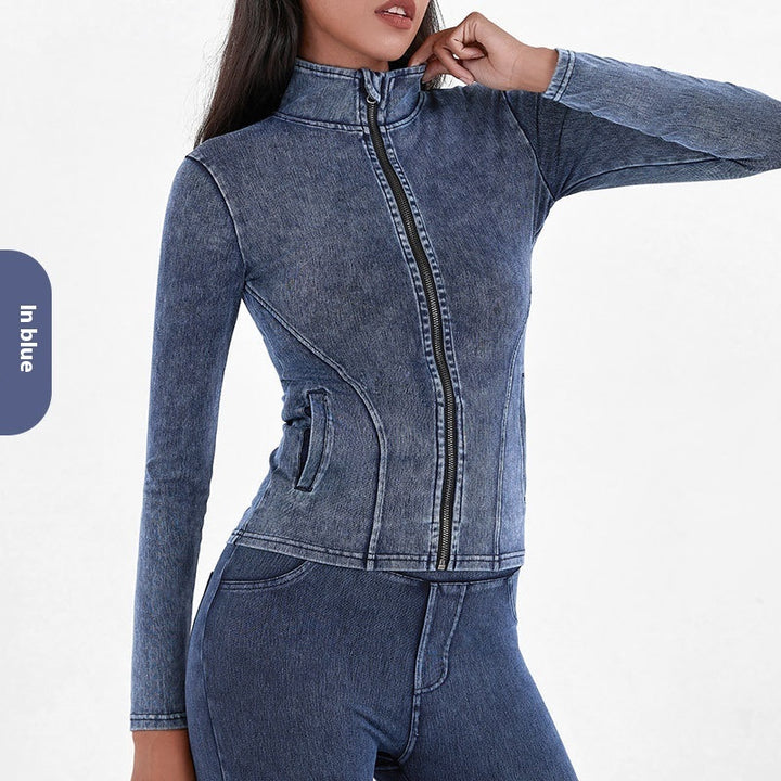 Slim Zippered Yoga Denim Jacket With Pockets High Collar Sports Fitness Outerwear Tops Coat For Women Clothing-Jackets-Zishirts