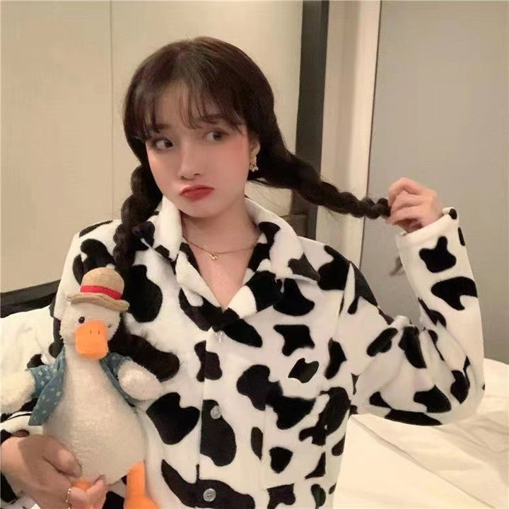 Ins Black And White Contrast Color Cow Pajamas Flannel Autumn And Winter Warm Cartoon Sweet Homewear-Women's Outerwear 2023-Zishirts