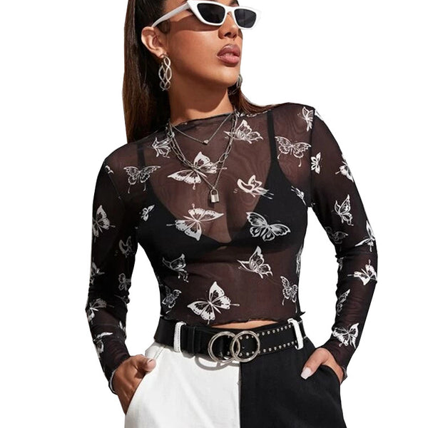 Sexy Mesh Butterfly Long Sleeve Mesh Long Sleeve T-shirt-Blouses & Shirts-Zishirts