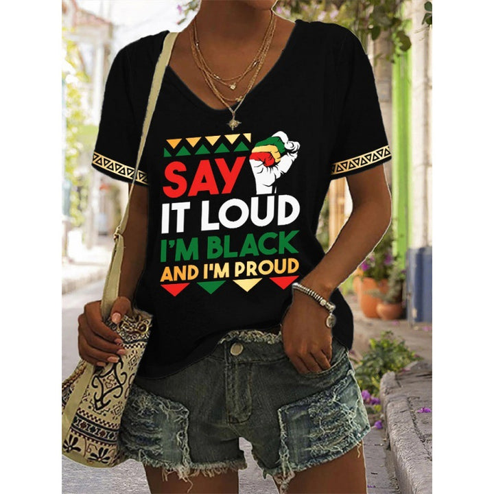 European And American Women's Clothing New Top Loose V-neck Digital Printed Short Sleeve T-shirt-Blouses & Shirts-Zishirts