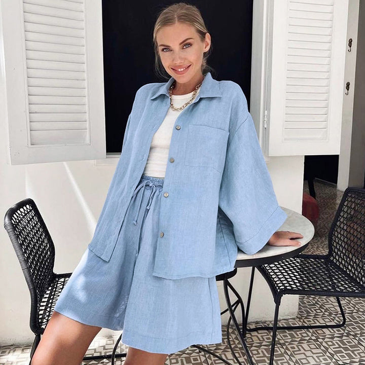 Women's Fashion Casual Loose-fitting Solid Color Long Sleeves Shorts Suit-Suits & Sets-Zishirts