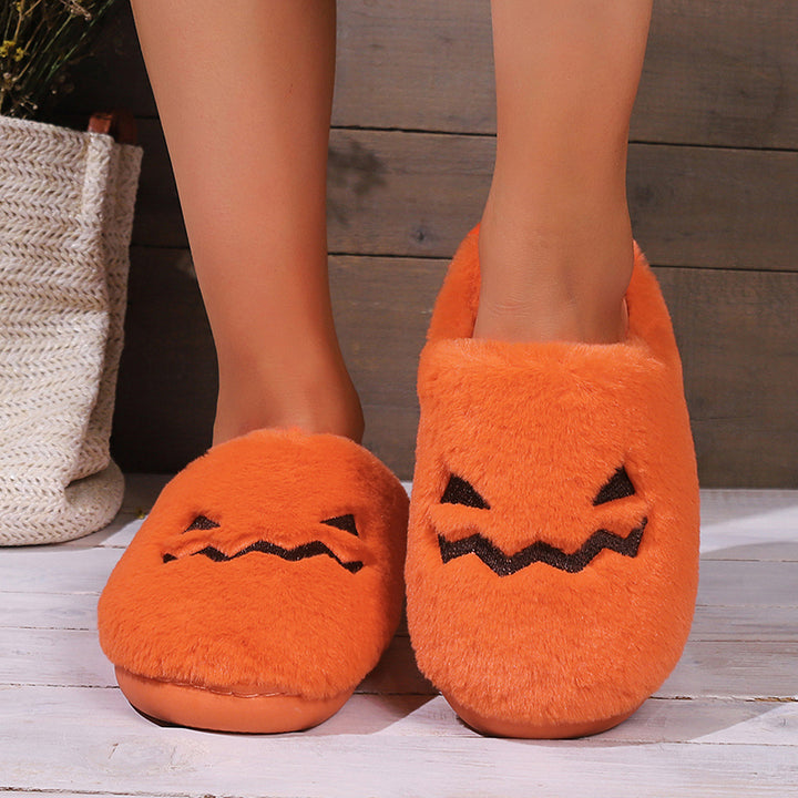 Cute Halloween Pumpkin Slippers Winter Warm Plush Bedroom Floor Home Slippers Casual Slip On Comfortable Cozy Indoor House Shoes-Womens Footwear-Zishirts