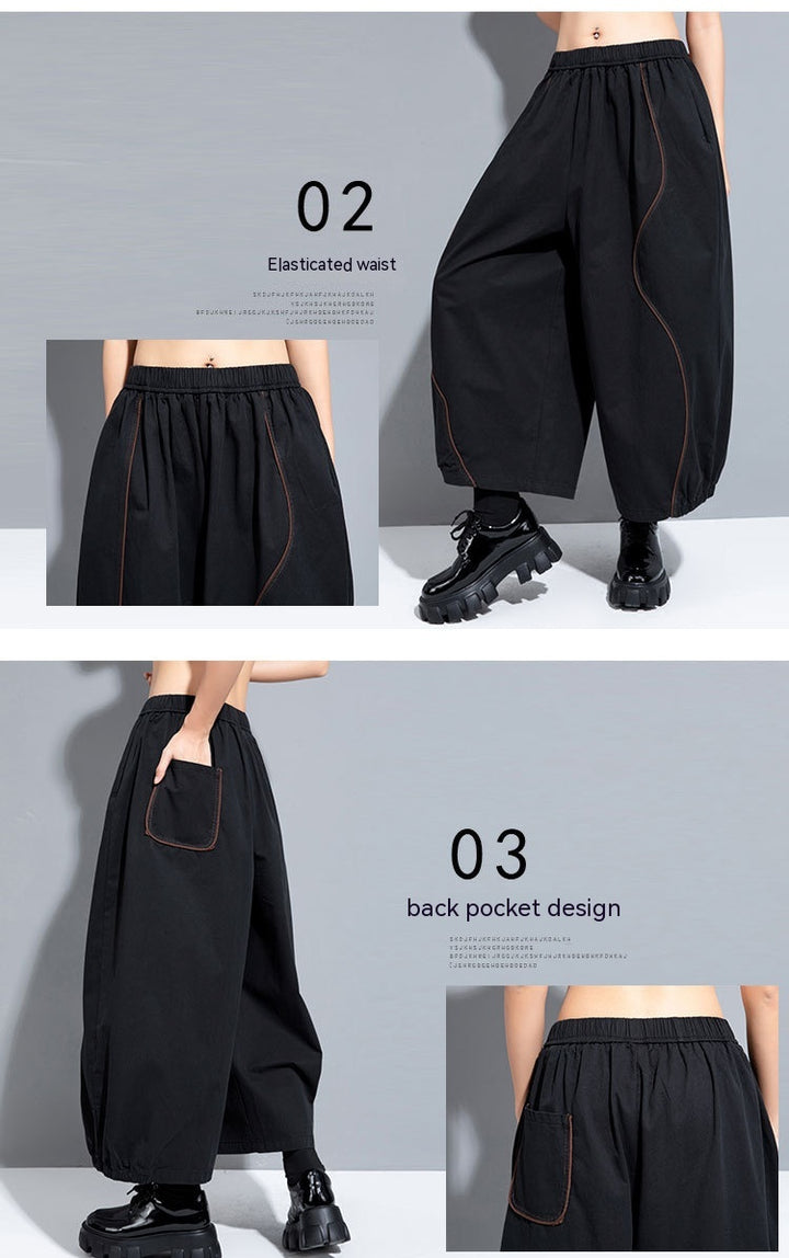 Lace-up Wide-leg Contrast Color Curve Decoration Loose Bloomers Women's Pants Tide-Suits & Sets-Zishirts