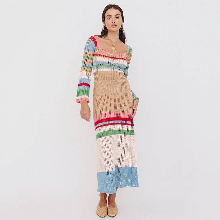 New Striped Colored Pullover Knitted Beach Bikini Blouse Long Dress-Suits & Sets-Zishirts