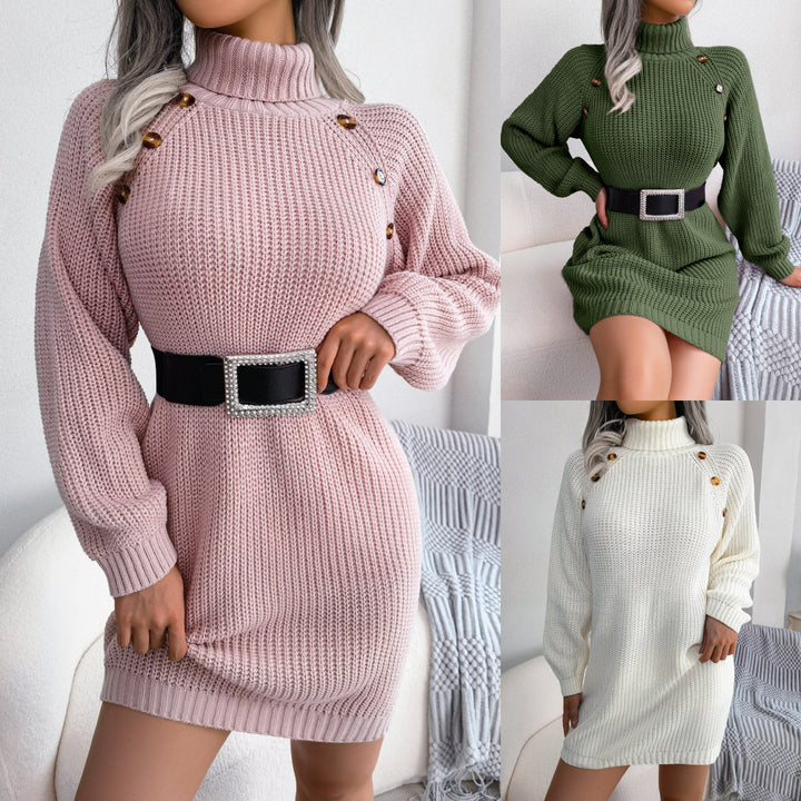 Winter Turtleneck Long Sweater Dress With Button Design Leisure Clinch Long Sleeve Base Sweater Women-Women's Outerwear 2023-Zishirts