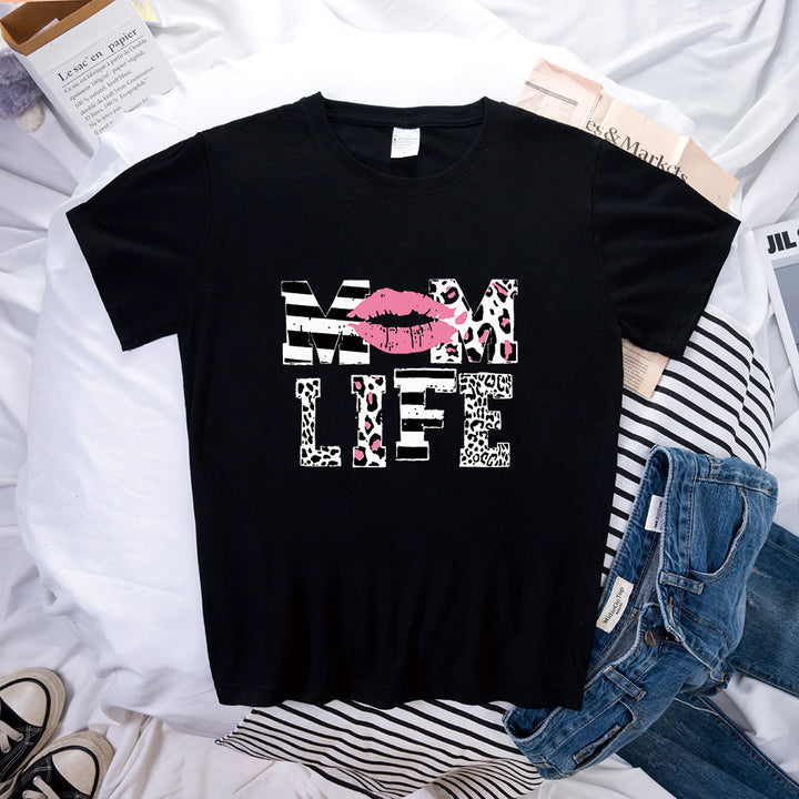 Mother's Day MOM LIFE Leopard Print Lip Printings Round Neck Short Sleeve T-shirt-Blouses & Shirts-Zishirts