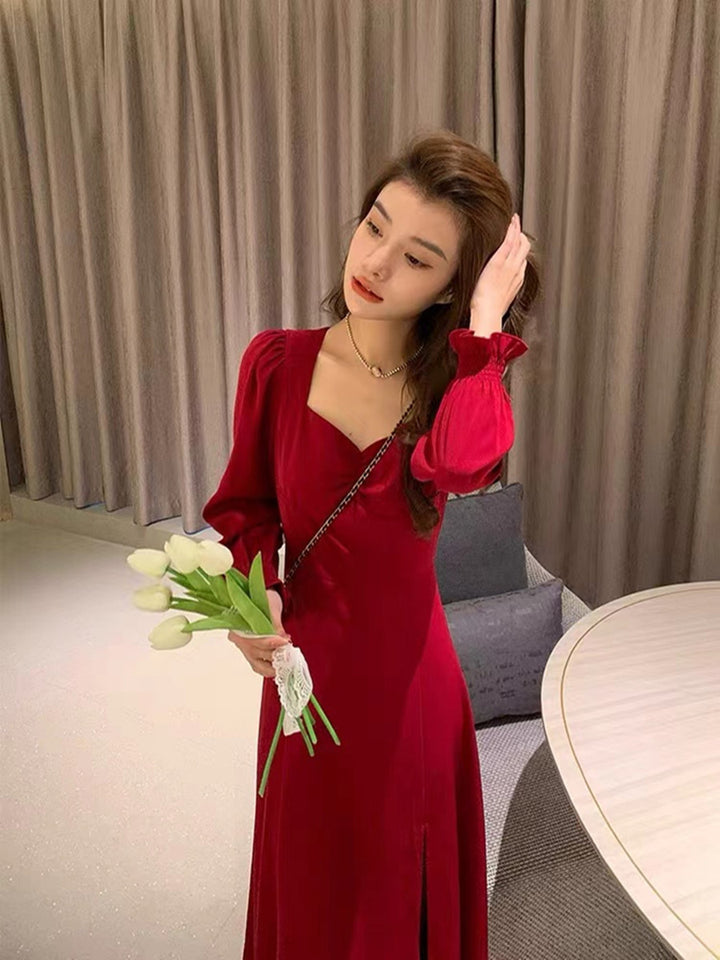 French Hepburn Style V-neck Red Dress Women-Women's Outerwear 2023-Zishirts