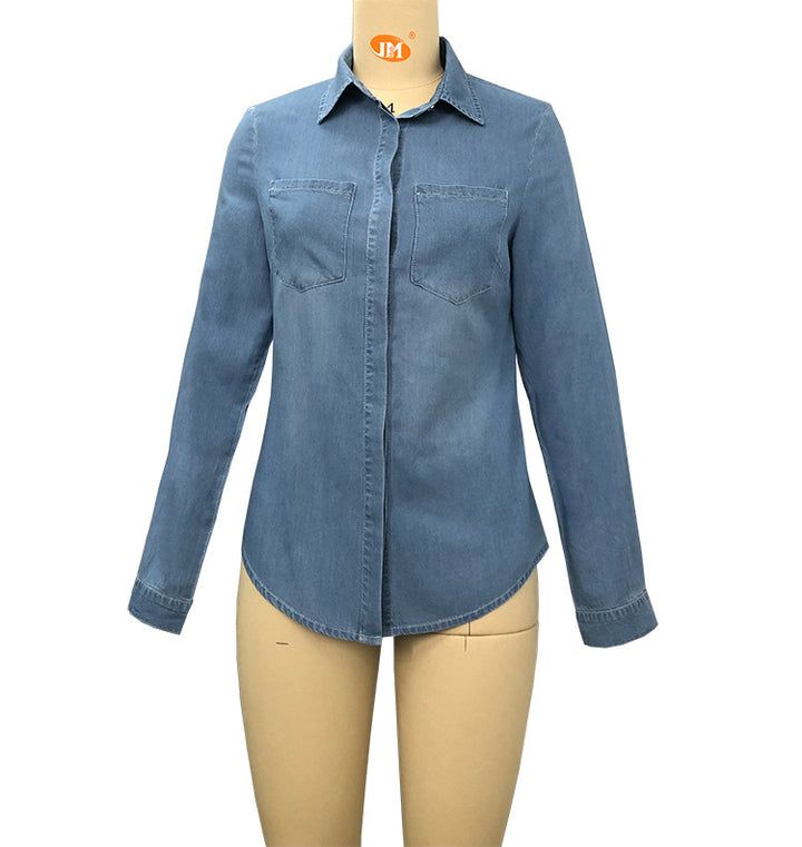 Lapel Denim Shirt Washed Retro Slim Top-Blouses & Shirts-Zishirts