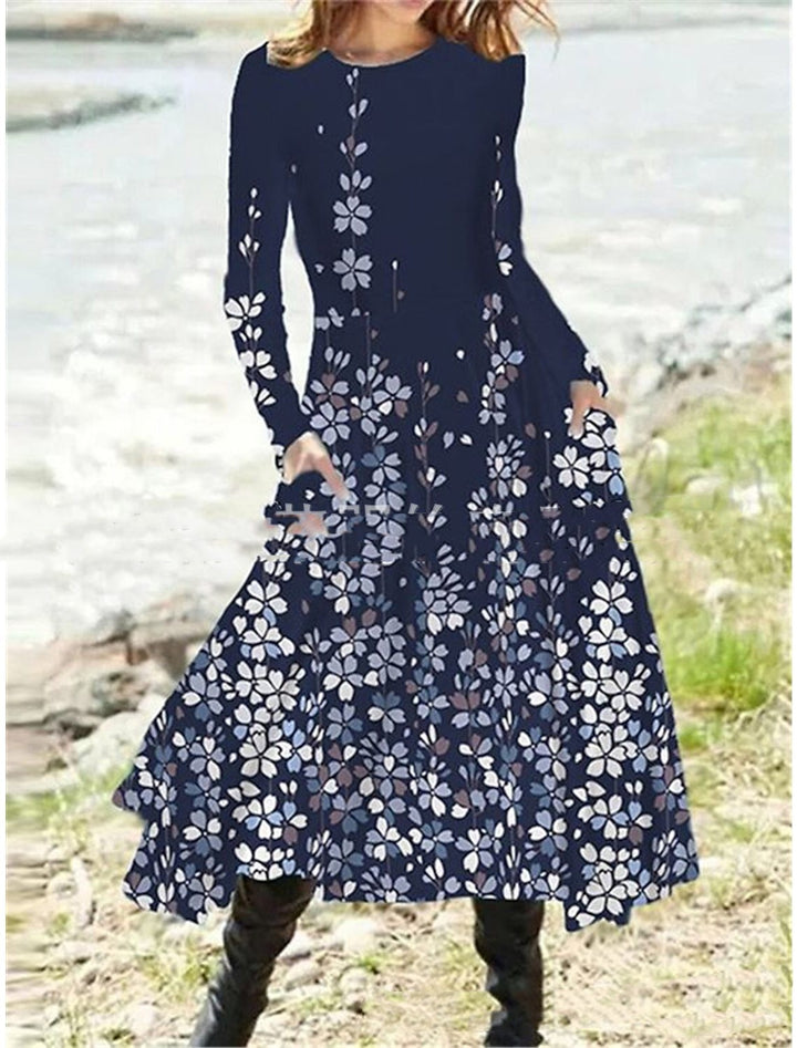 Popular Floral Print Pocket Round Neck Dress-Women's Outerwear 2023-Zishirts