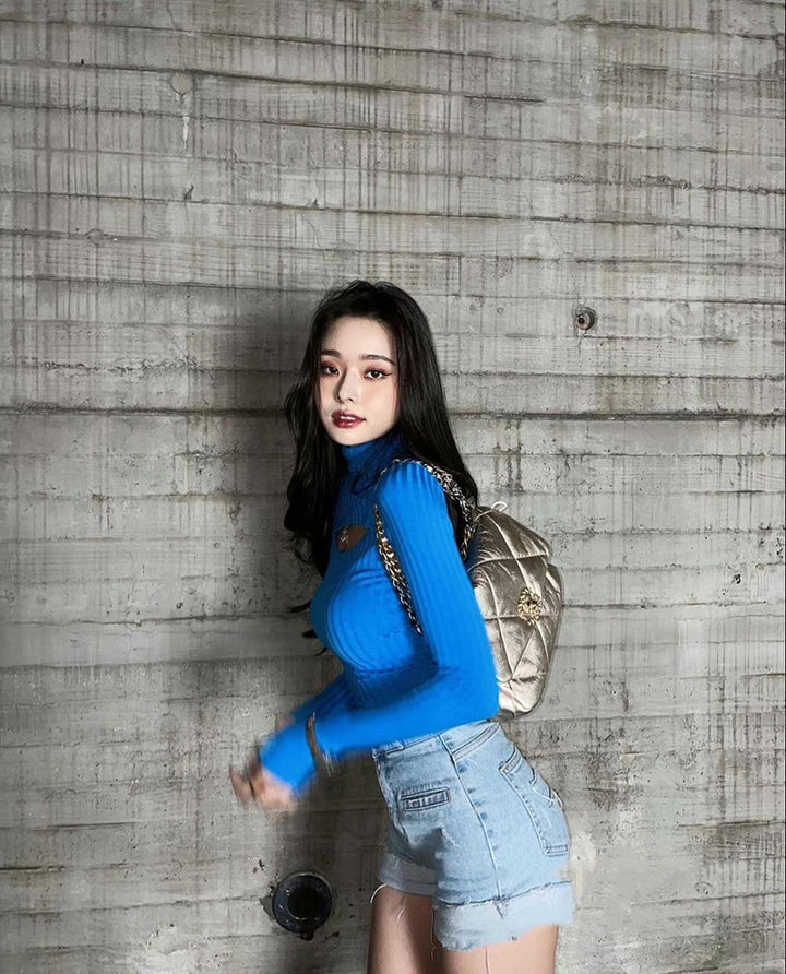 Blue Half-high Collar Bottom Knit Sweater Female-Sweaters-Zishirts