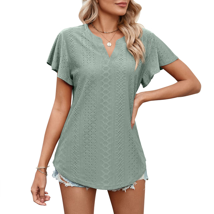 Women's Solid Color And V-neck Ruffle Sleeve Casual T-shirt-Blouses & Shirts-Zishirts