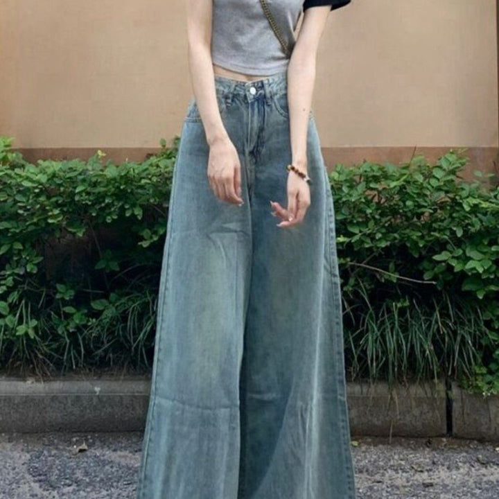 Washed-out Vintage Wide Leg Jeans High Waist Slimming-Woman Jeans-Zishirts