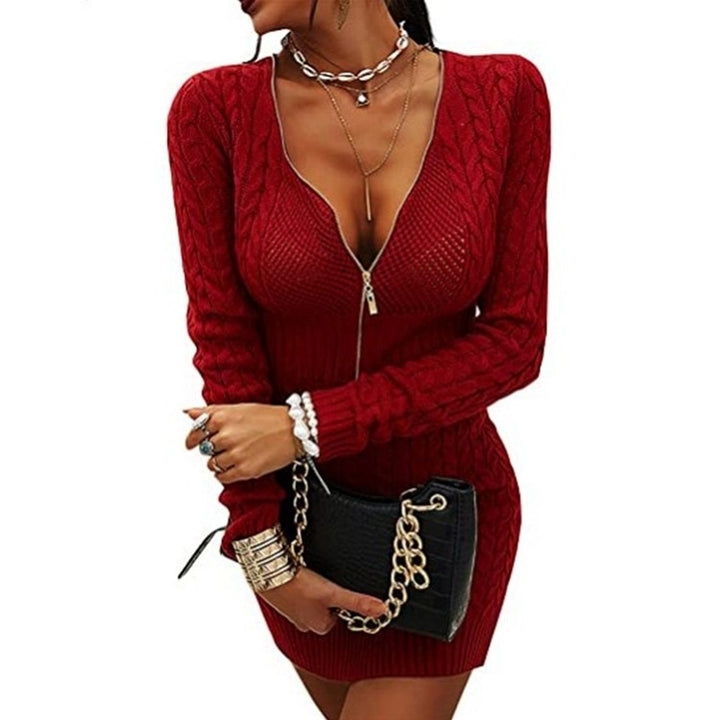 Women's Knitwear Mid-length Slim Fit Dress Sweater Solid Color And V-neck Pullover Zip-up Shirt-Lady Dresses-Zishirts